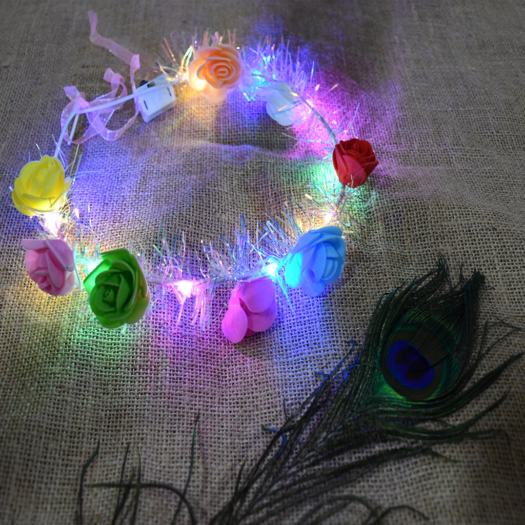 LED Flower Crown Headband displayed on white background with light-up multicolor roses