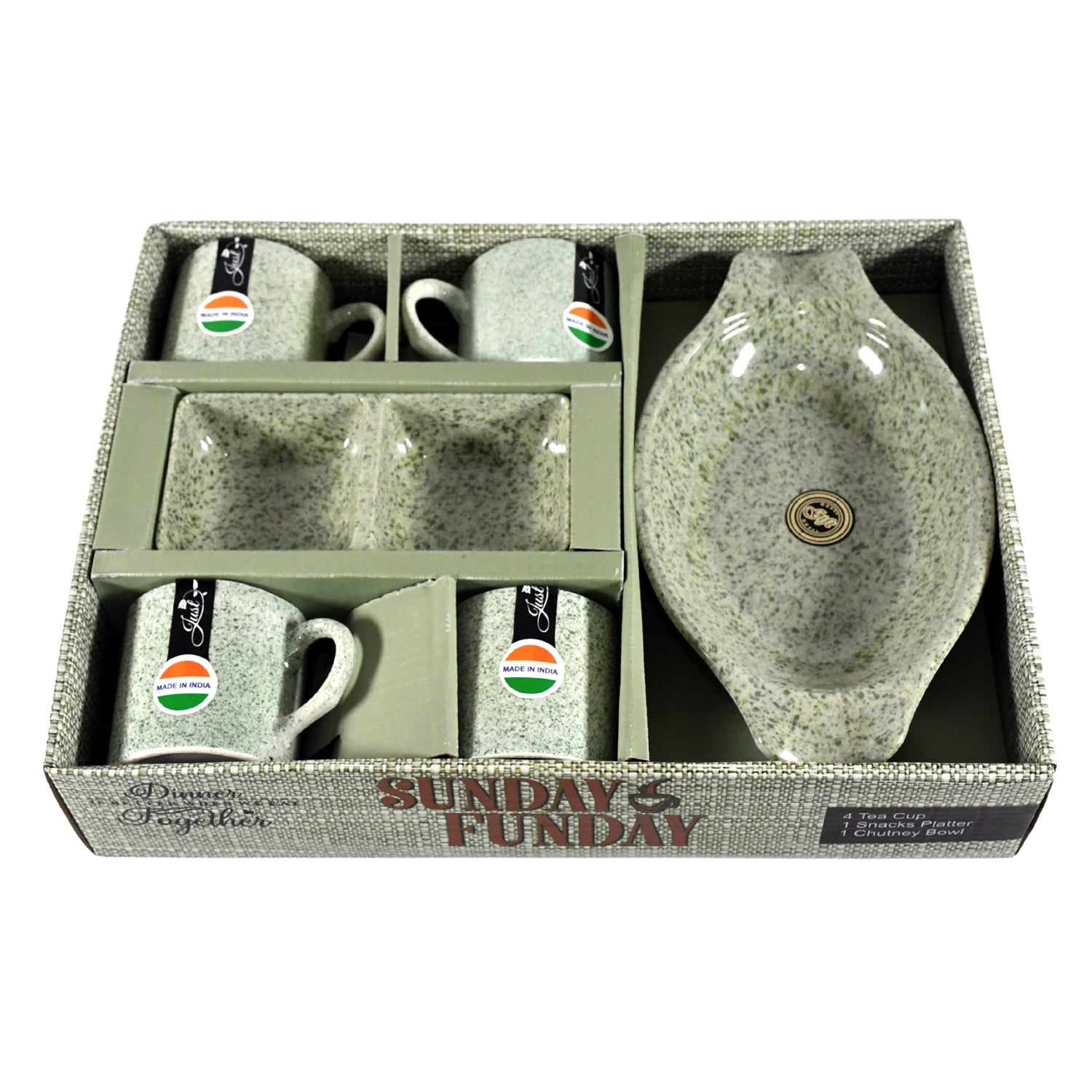 The full Ceramic Snack & Tea Set beautifully arranged on a table with snacks, highlighting its utility for entertaining.
