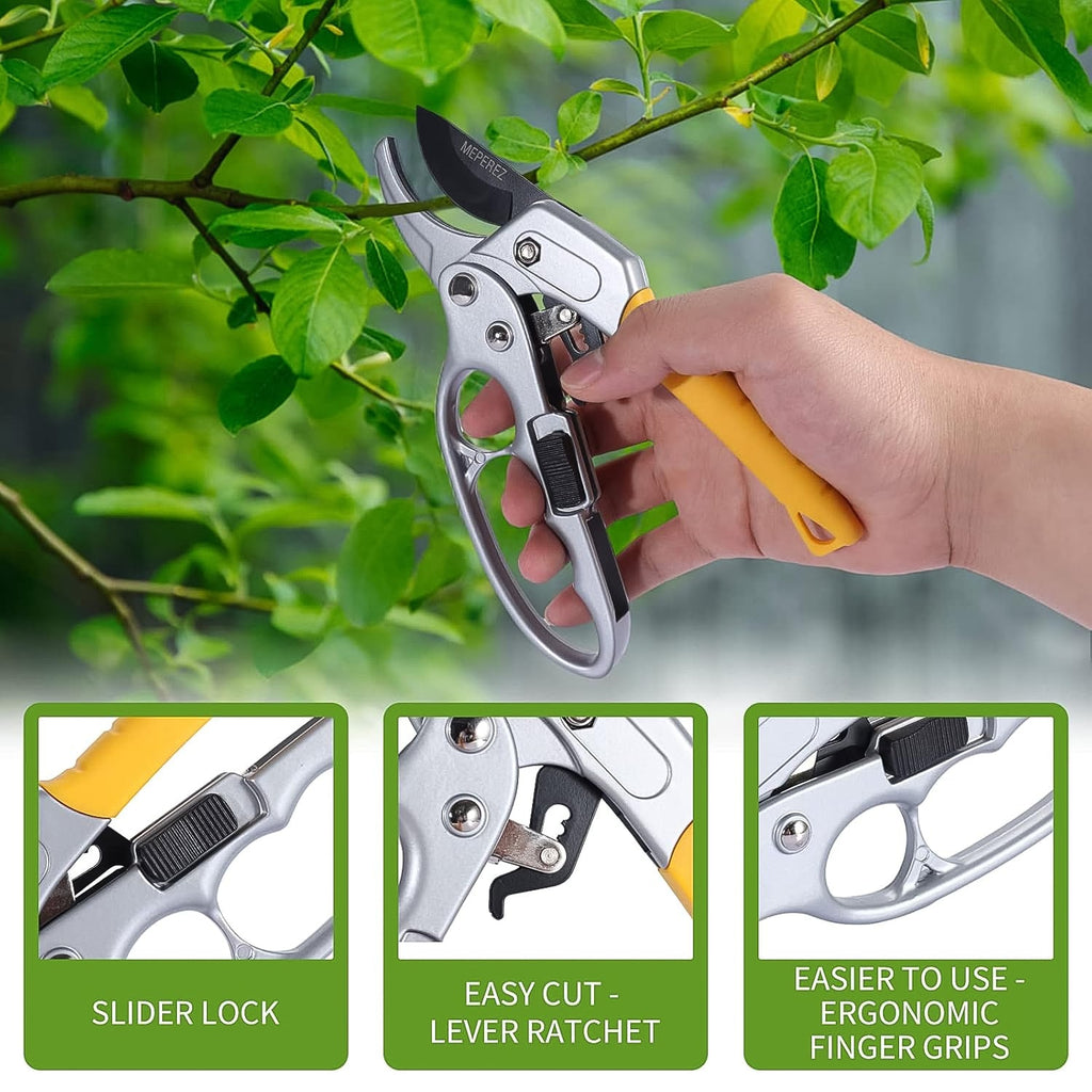 Heavy-duty ratcheting pruning shears designed for arthritis-friendly gardening
