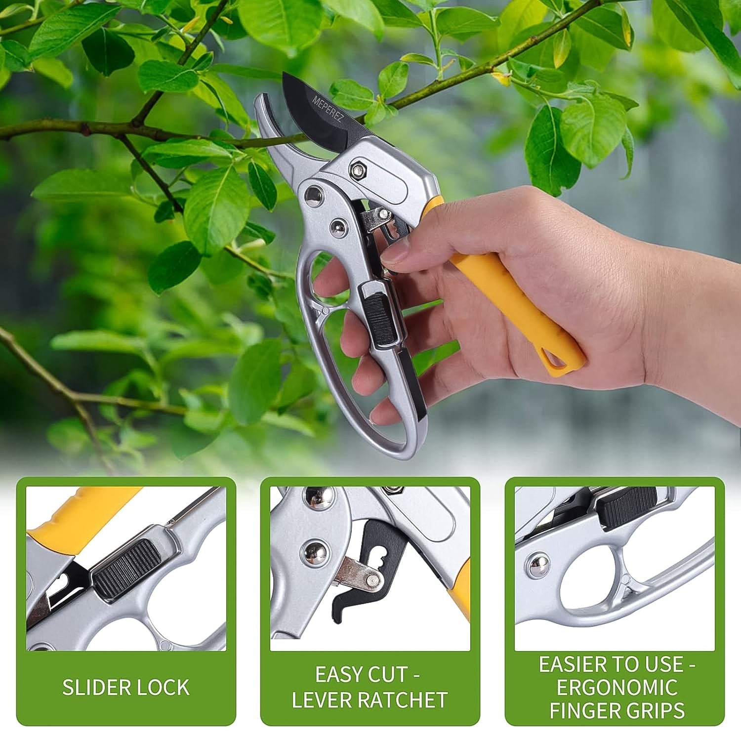 Heavy-duty ratcheting pruning shears designed for arthritis-friendly gardening
