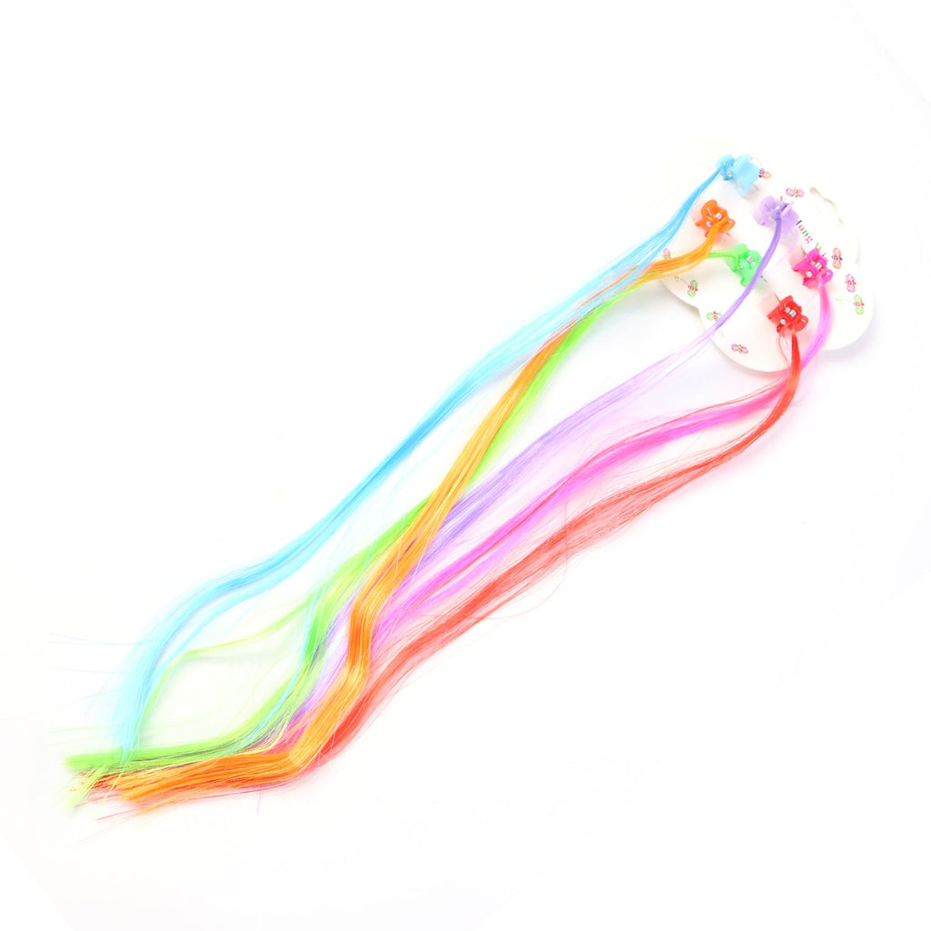 Kids hair extensions showing bright mix-color hair streaks with clips