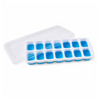 Freezer with ice cubes in a plastic tray, ready to use