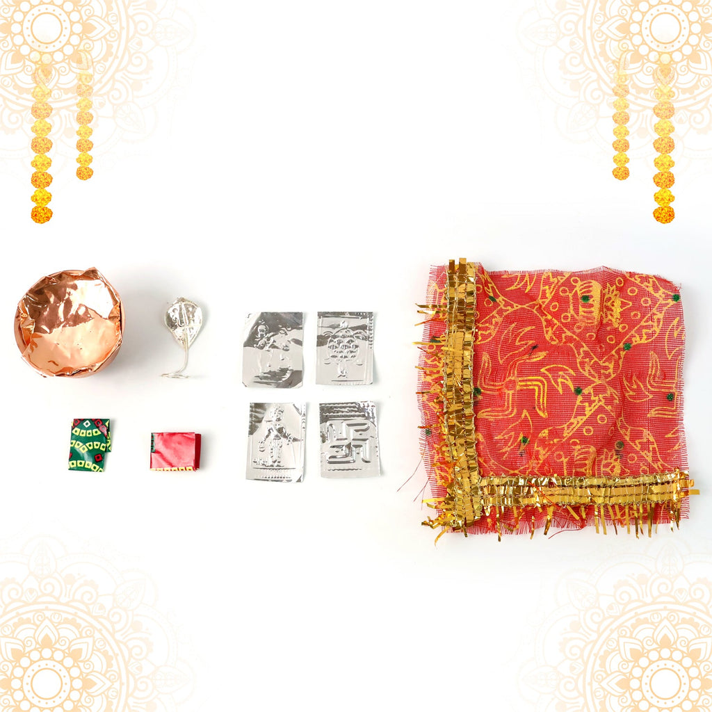 Mini kalash pooja set placed in home mandir showcasing compact design