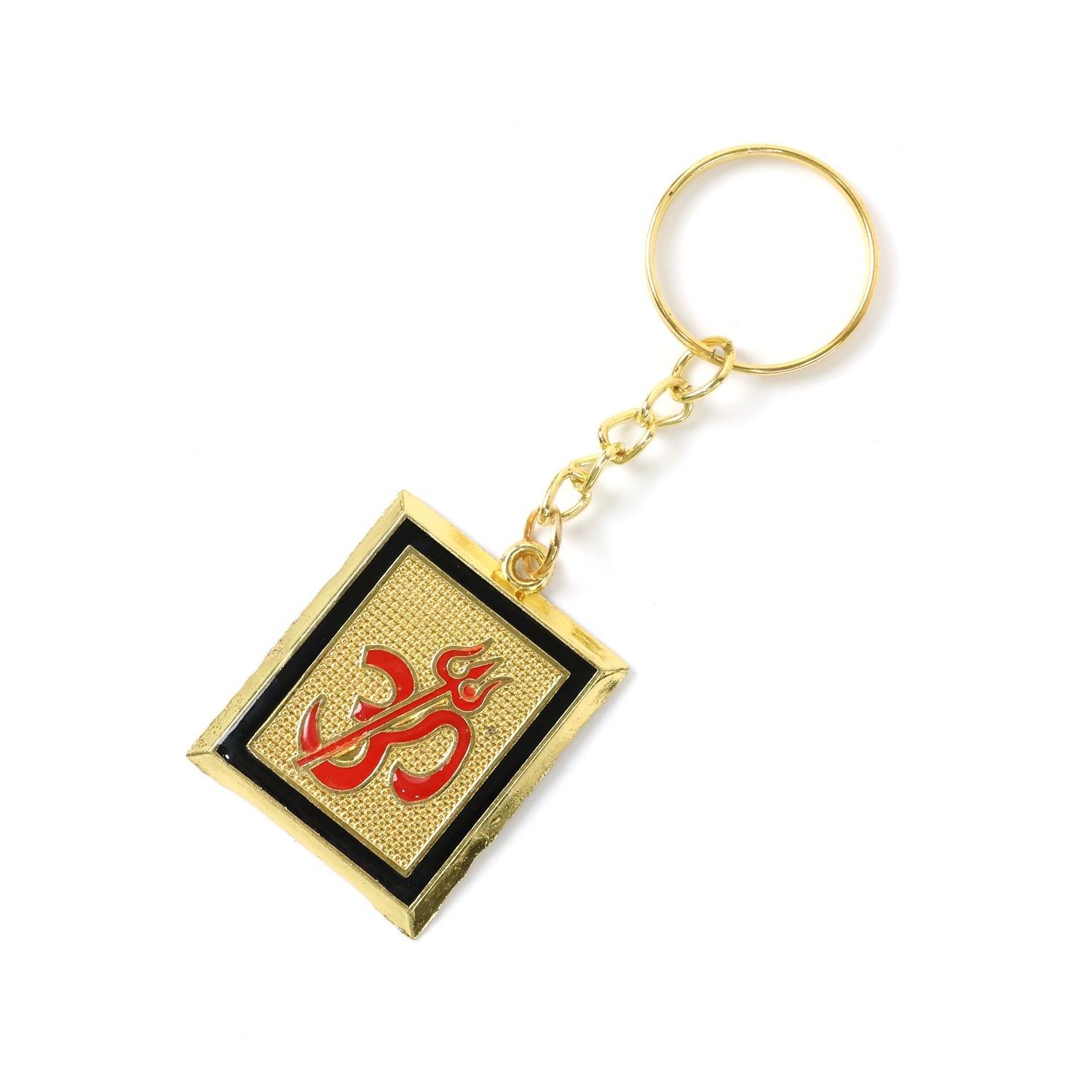 Side profile of golden Om Trishul keychain highlighting metal quality