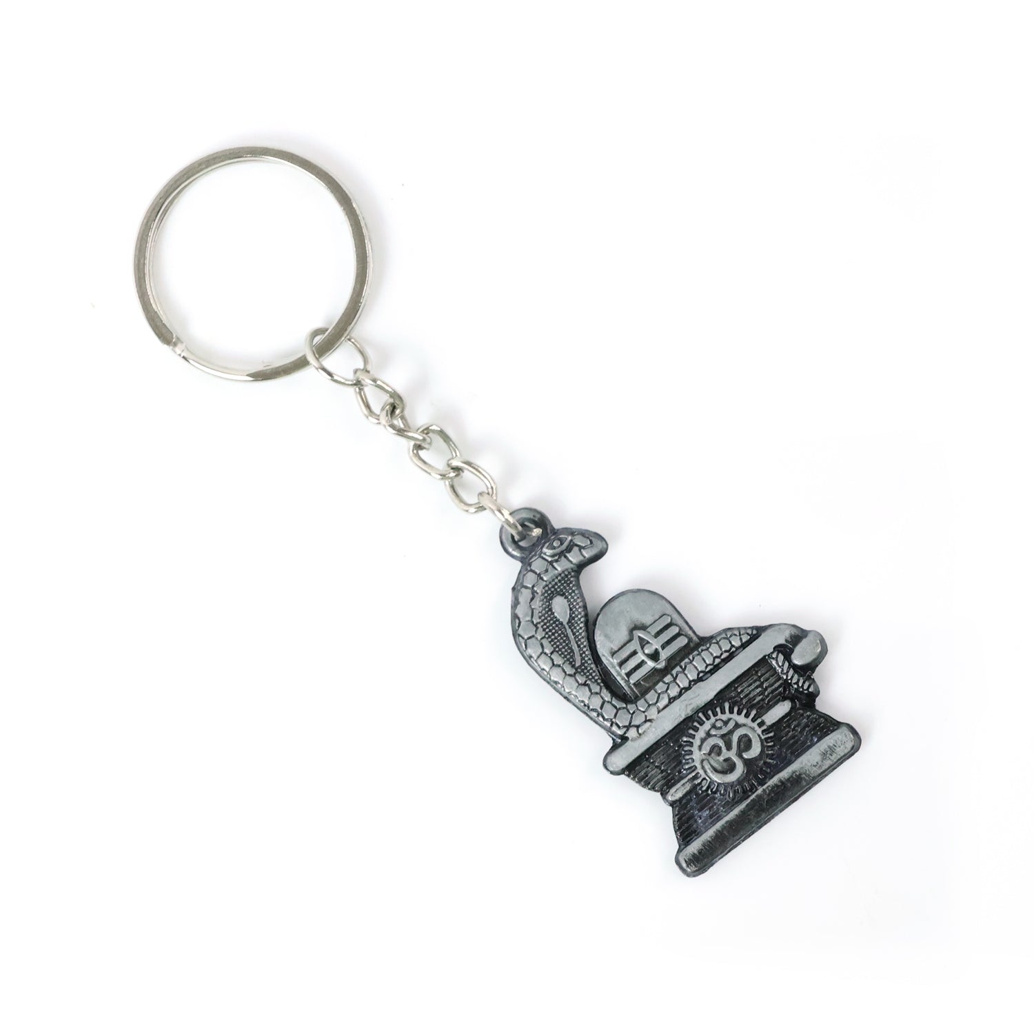 Silver metal keychain depicting Shivling with artistic snake design