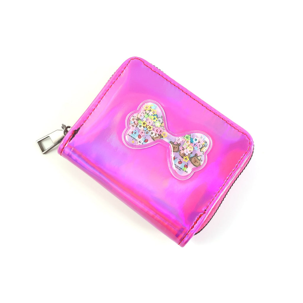 Party-ready kids wallet with glossy holographic surface and glitter bow accent