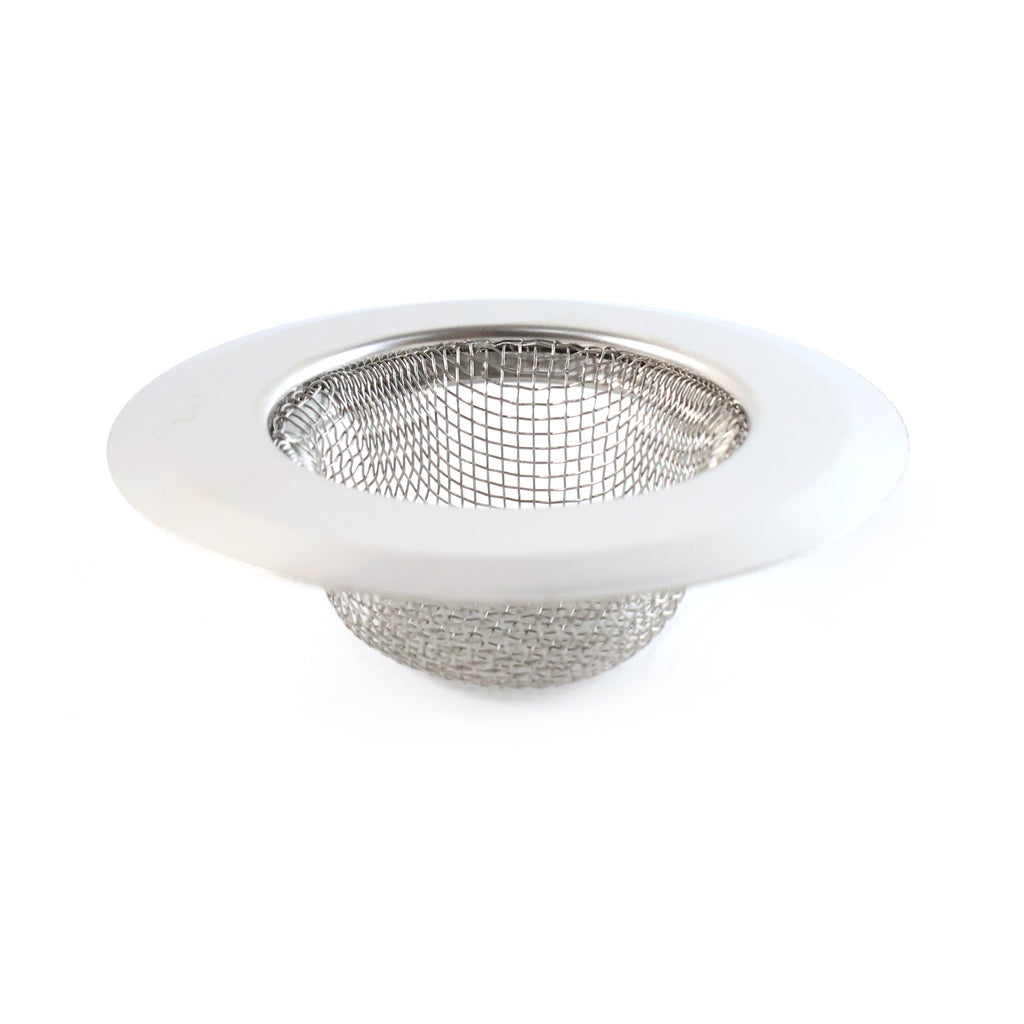 Stainless steel kitchen sink strainer filtering food particles and hair