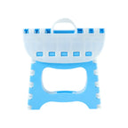 Adult using foldable step stool to reach high kitchen shelf