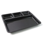 Stackable design of plastic rectangular 4-compartment meal tray for easy storage.