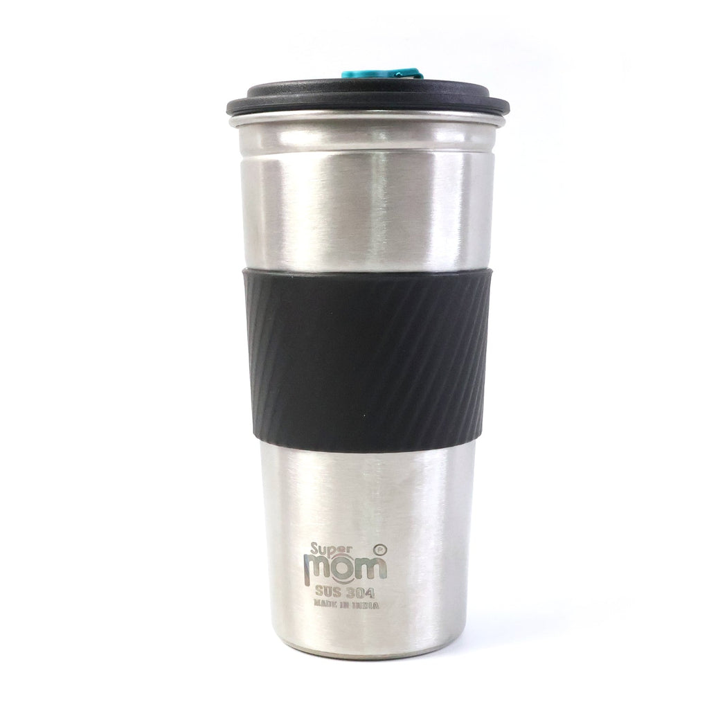 Insulated stainless steel travel tumbler with heat-safe grip sleeve