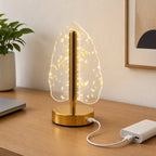 Demonstration of USB charging feature on the golden crystal leaf-shaped LED lamp