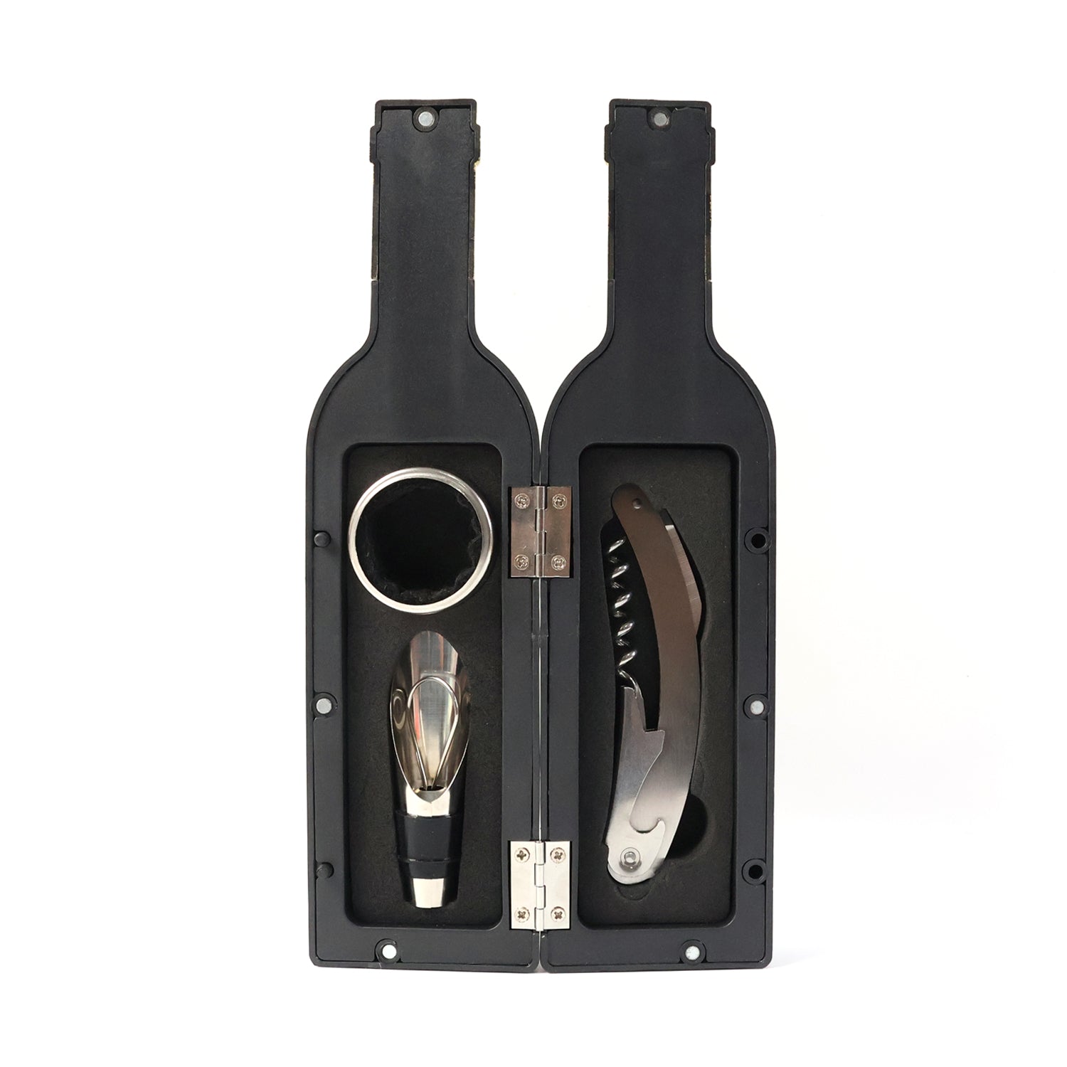 Compact wine tool kit stored in elegant bottle-shaped case