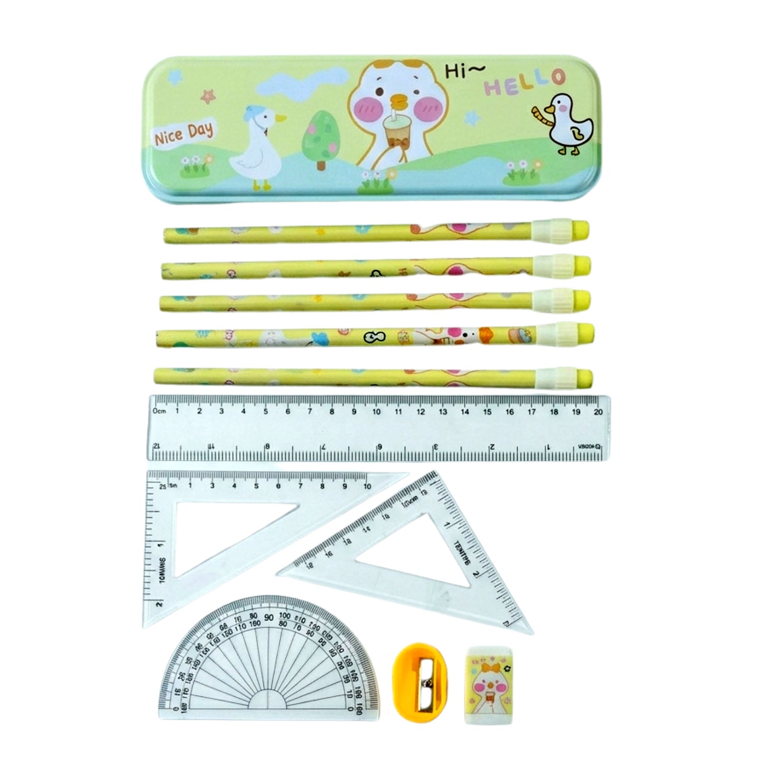 Colorful students stationery kit with geometry tools and pencils
