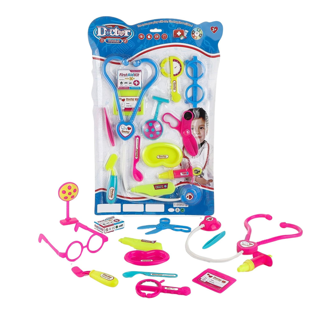 Close-up of the 10-piece medical toy kit, showcasing various colourful instruments.