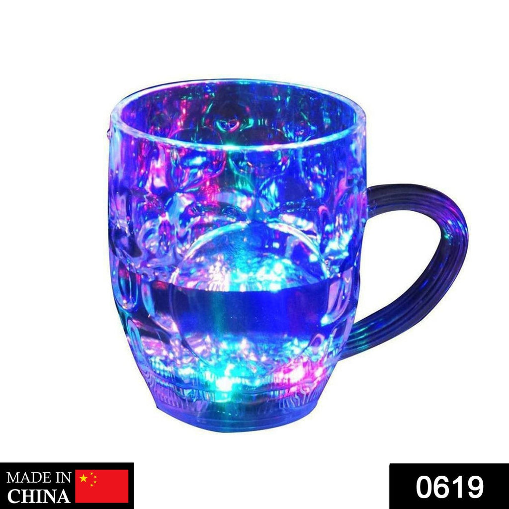 Close-up of a colourful LED glass cup showcasing its flashing lights.