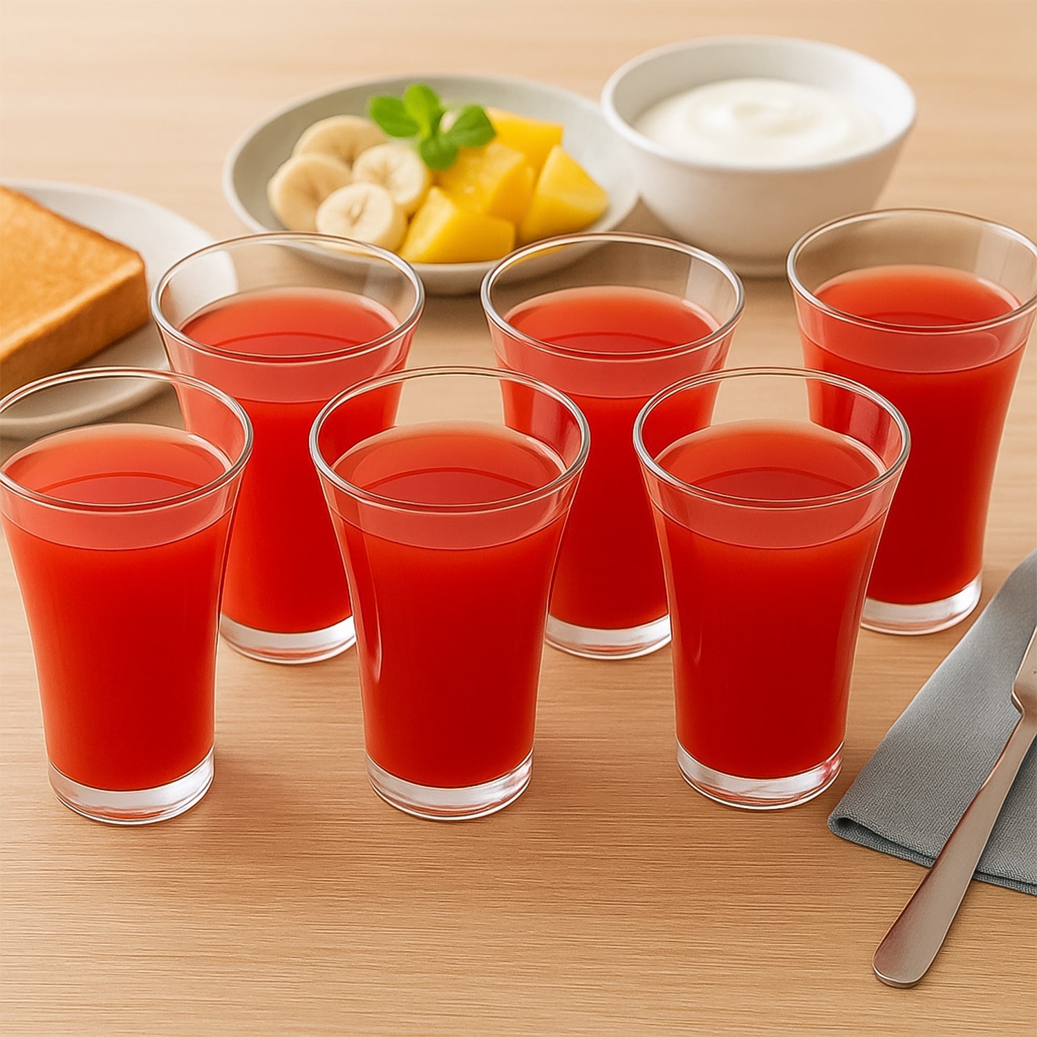 Close-up of a single 300ml plastic juicy glass with a panelled design.