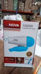 Foldable hair dryer with multiple speed options, ready for use.