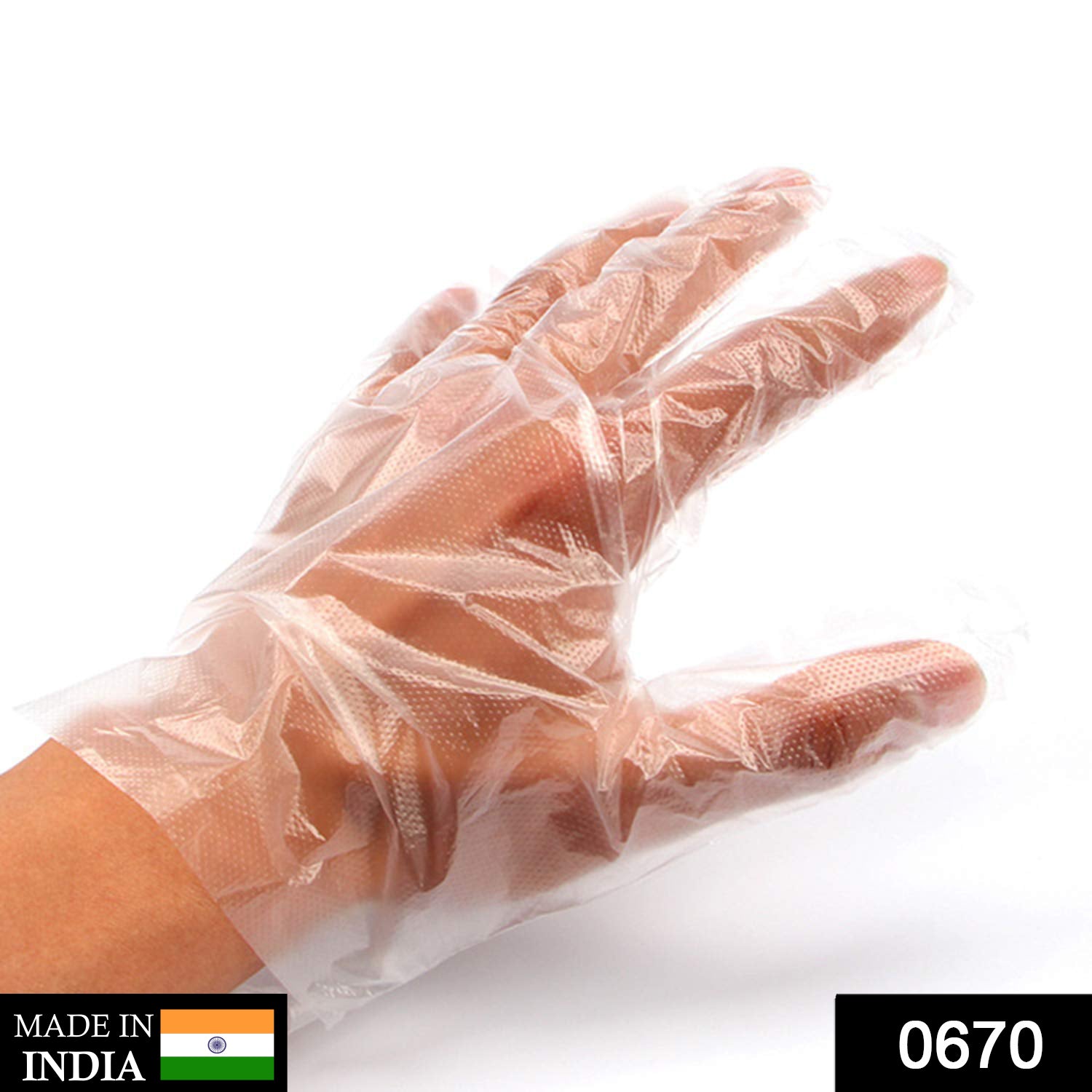 Close-up of transparent disposable plastic gloves, showcasing their clear appearance.