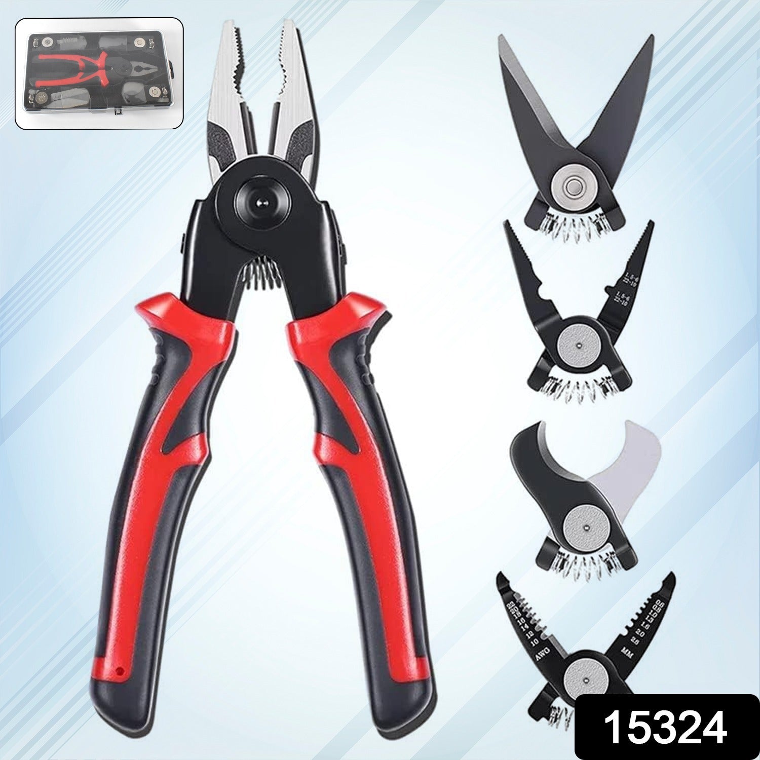 Close-up of multiple tool heads on wire stripper pliers set for cutting and gripping wires