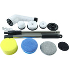 Telescopic handle of the electric spin scrubber extended for reaching high surfaces.