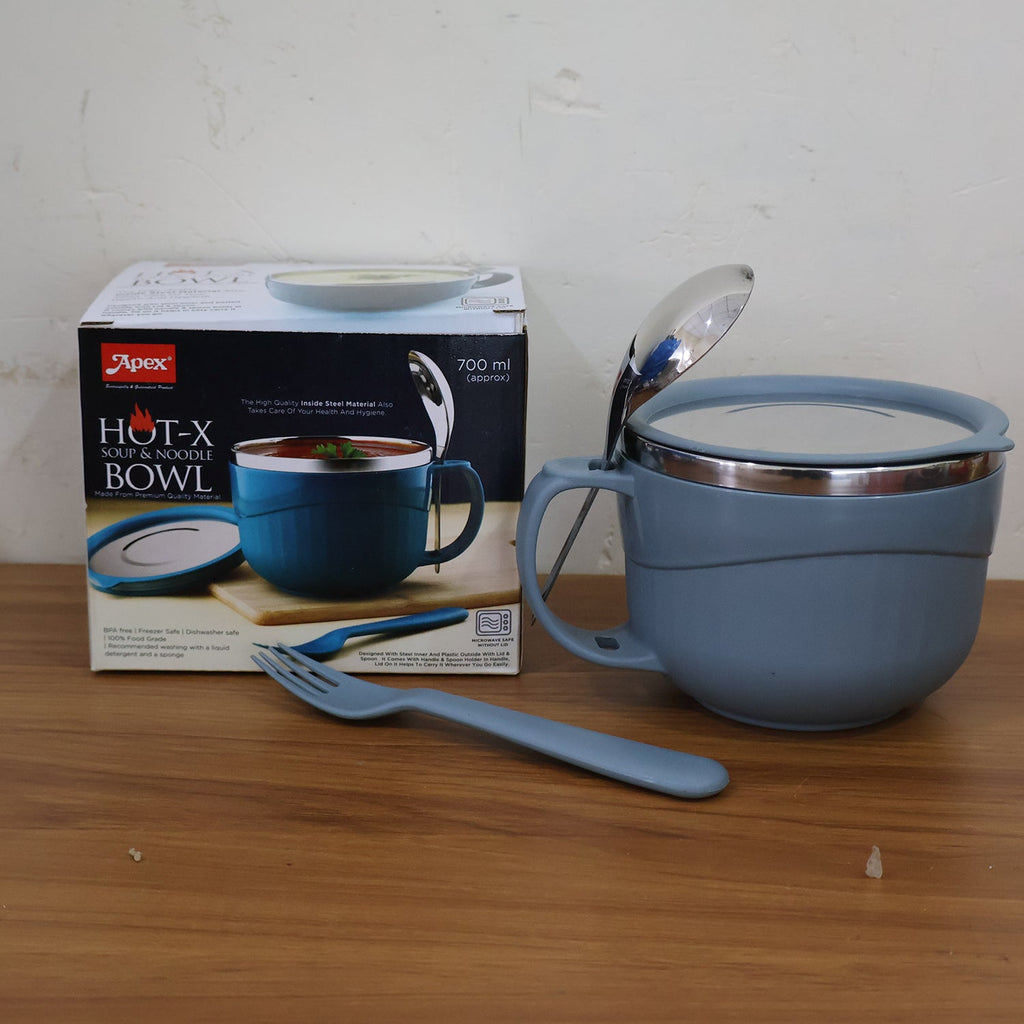 Ergonomic handle and utensil set of Apex insulated soup and noodle bowl