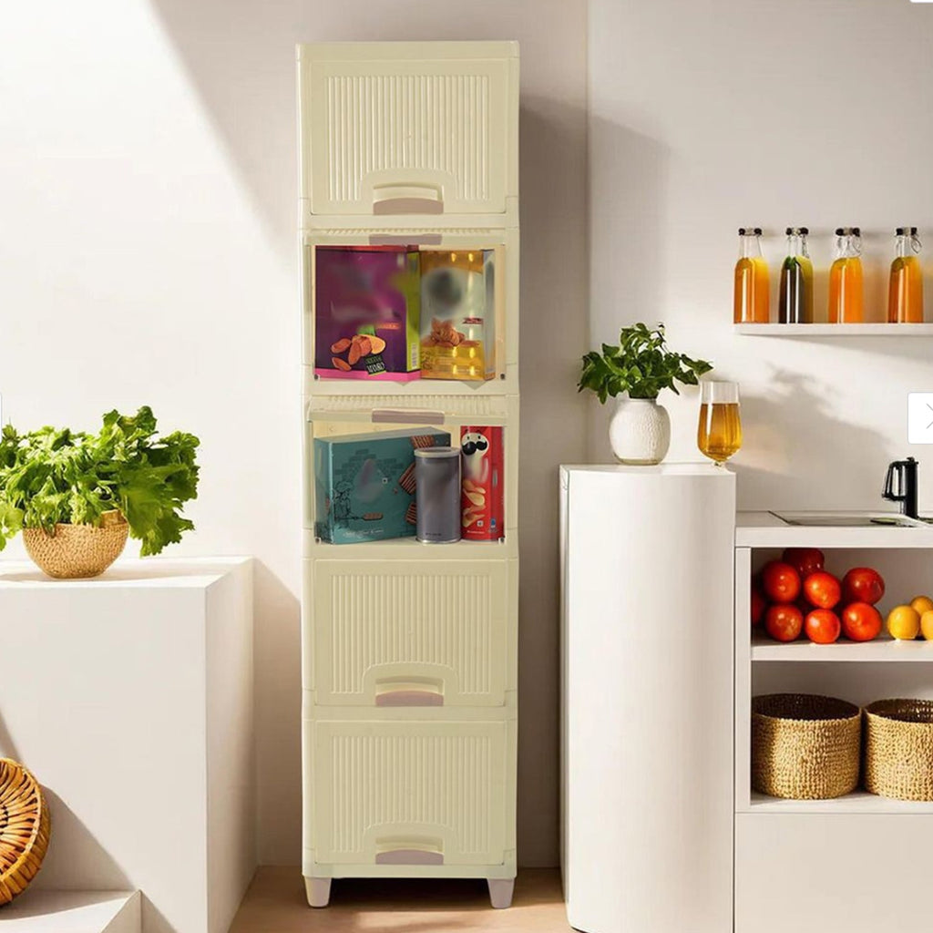 White plastic storage cabinet drawers open illustrating smooth pull handles