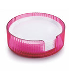 Stack of six plastic coasters, ready to safeguard your furniture from spills.