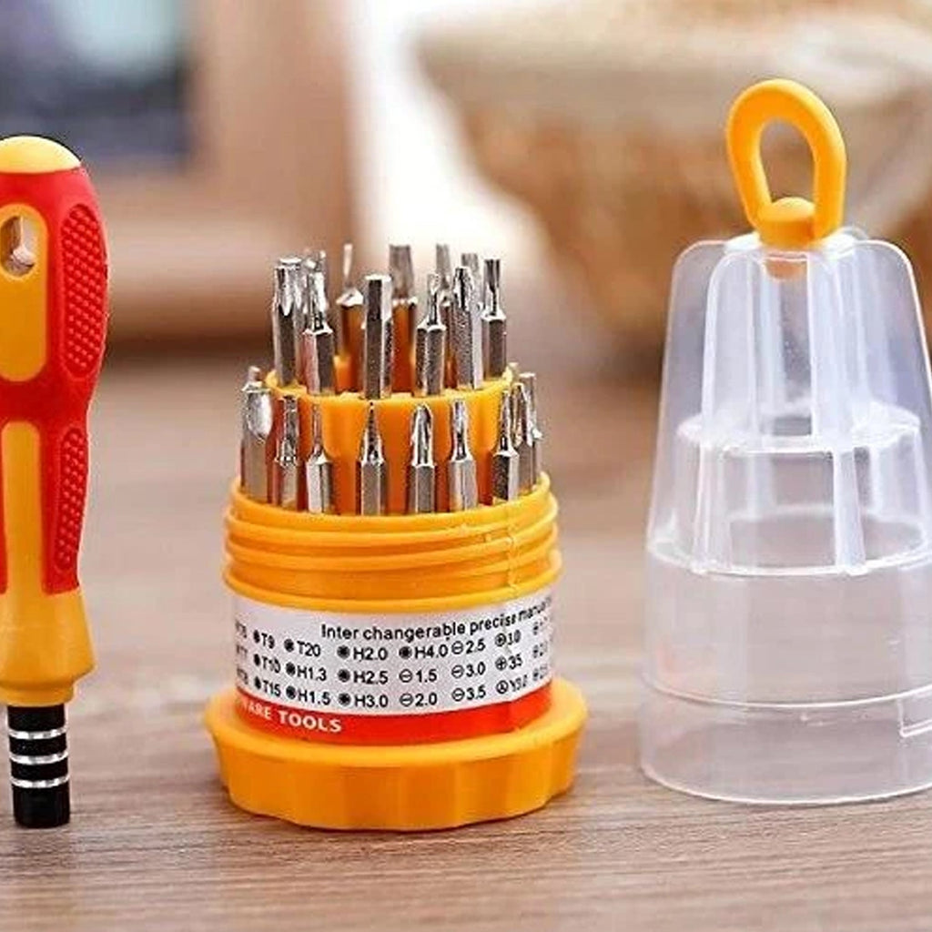 All 31 pieces of the BoltForce Precision Screwdriver Set laid out for clear viewing.