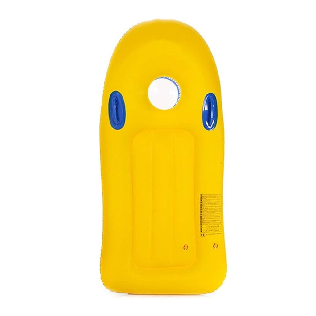 The inflatable surfboard rolled up and deflated, highlighting its compact portability.
