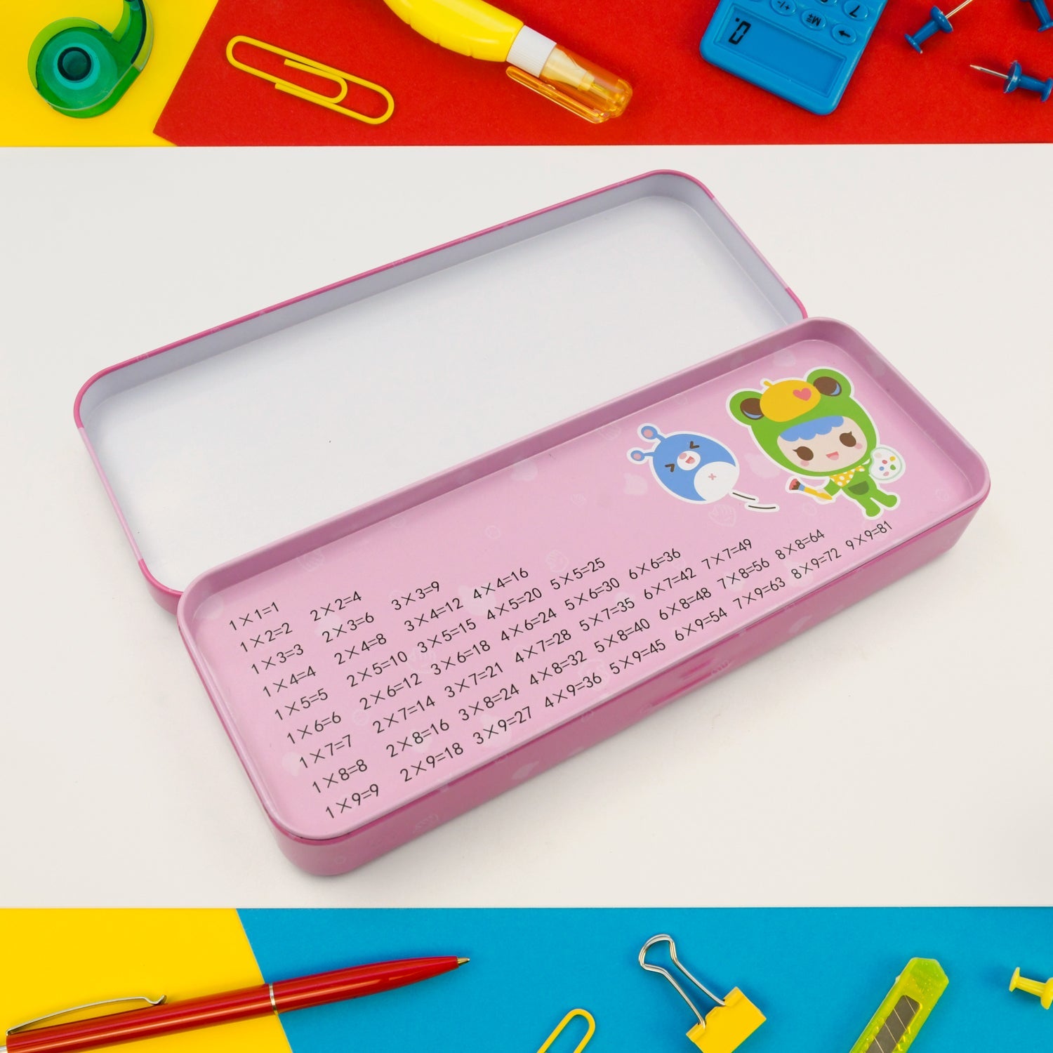 Back view of the cartoon-themed pencil box, part of the fun kids stationery kit.