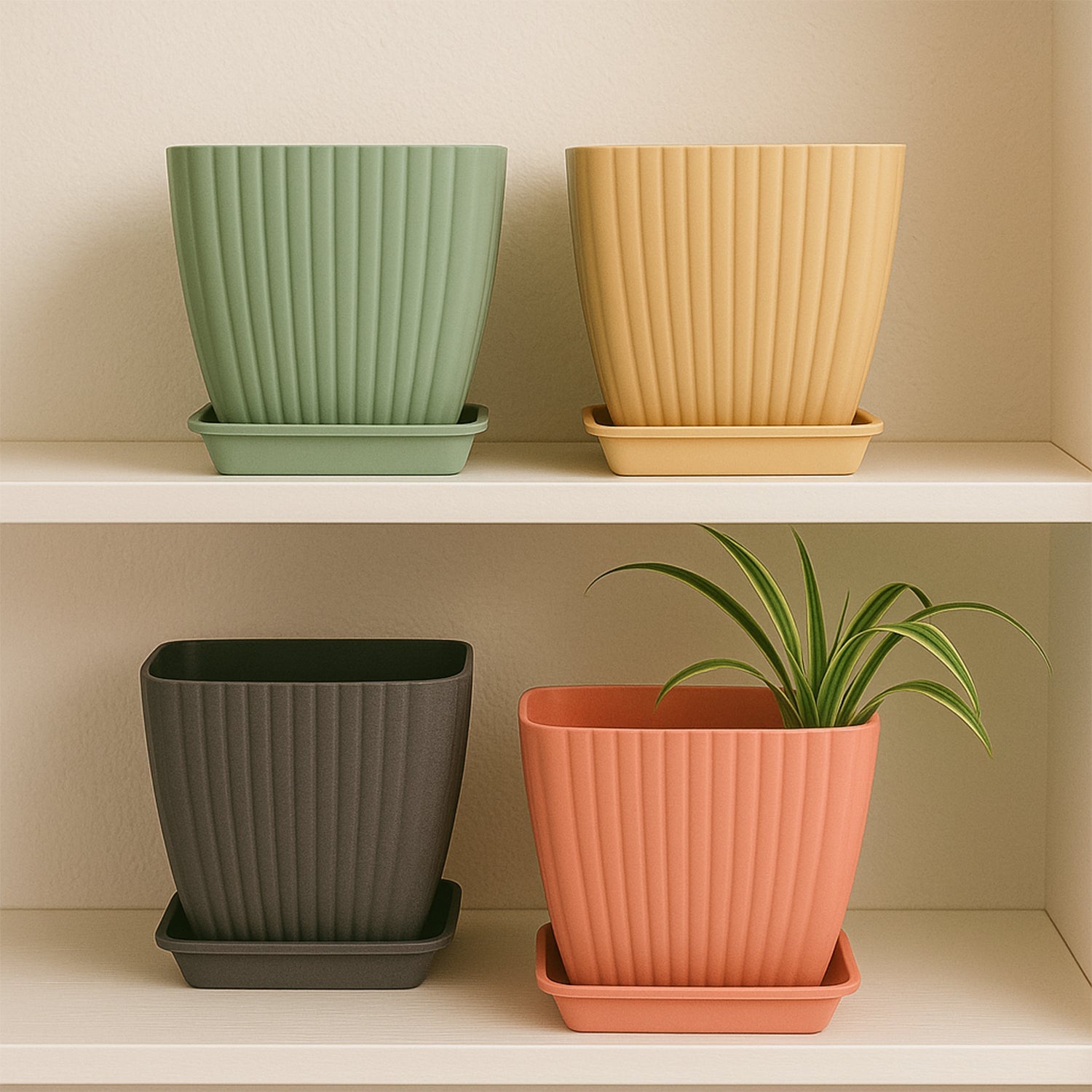 Square plastic flower pot with matching tray for clean indoor use
