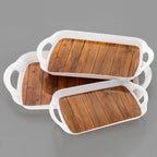 Pack of 3 multicolor serving trays in small, medium, and large sizes for serving or decor.