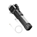Bright LED torch illuminating an outdoor camping scene, perfect for night adventures.