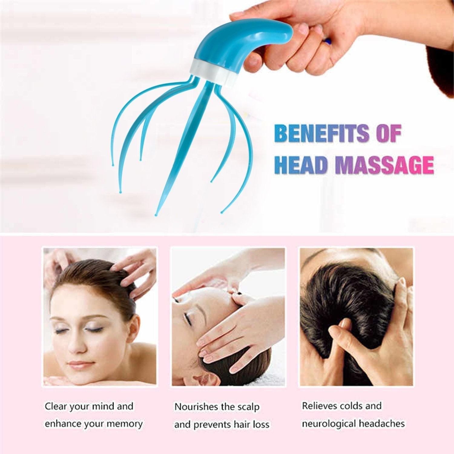 Refreshing head massager tool with comfortable hand grip.