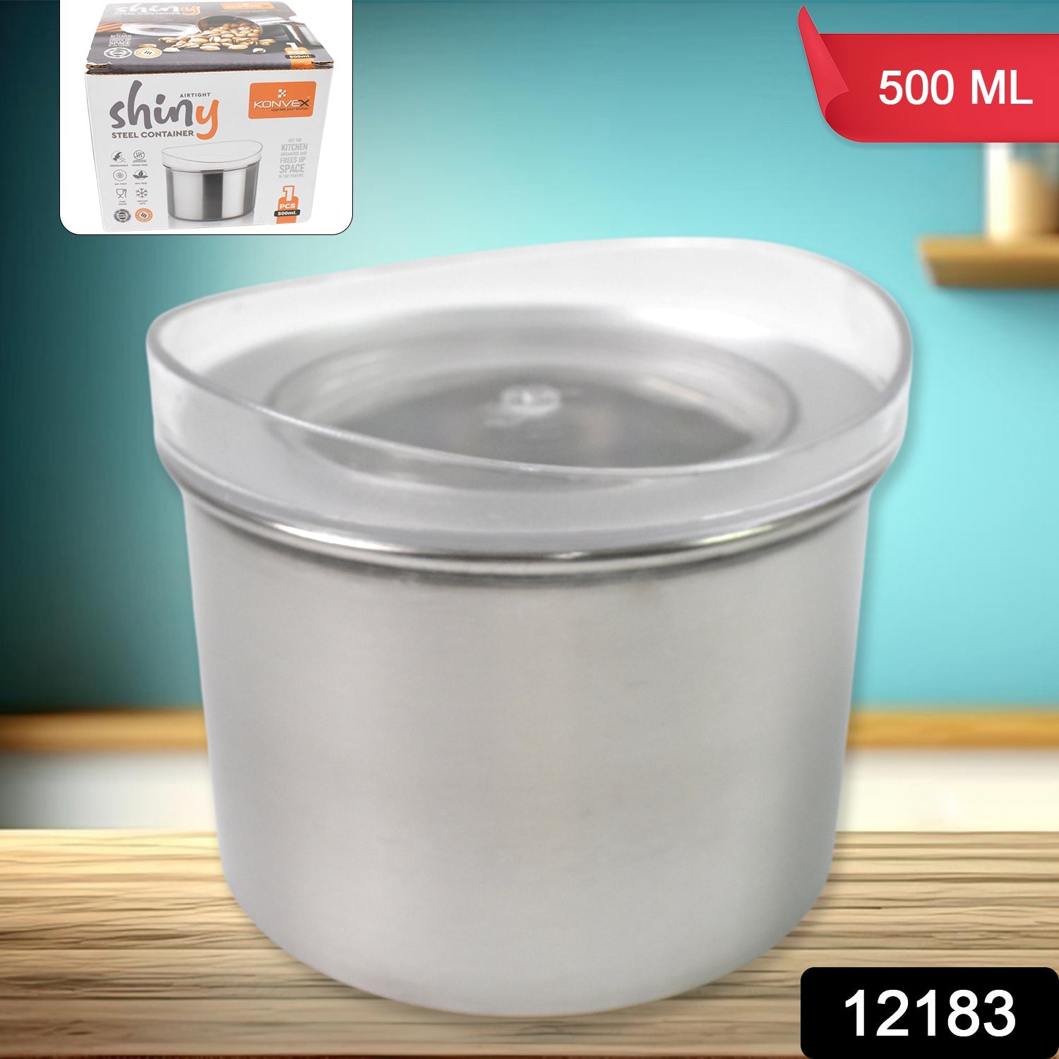 Airtight stainless steel container filled with dry fruits, showcasing the transparent lid.