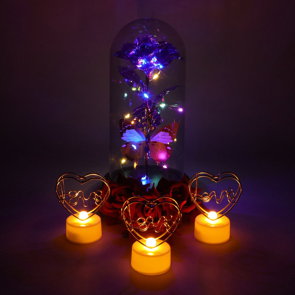 Glass dome rose and golden rose gift set decoration