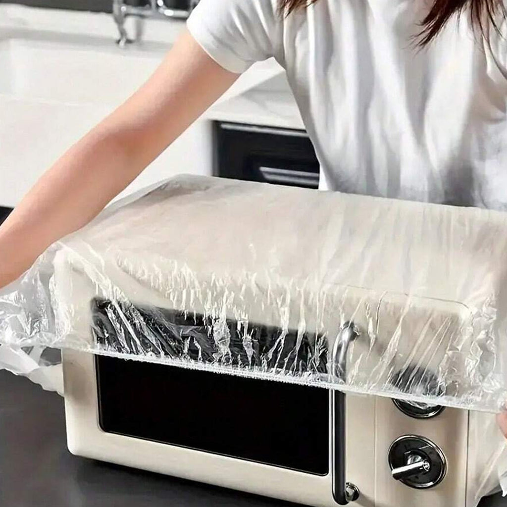 Elasticated plastic couch protector securely fitted over a sofa.