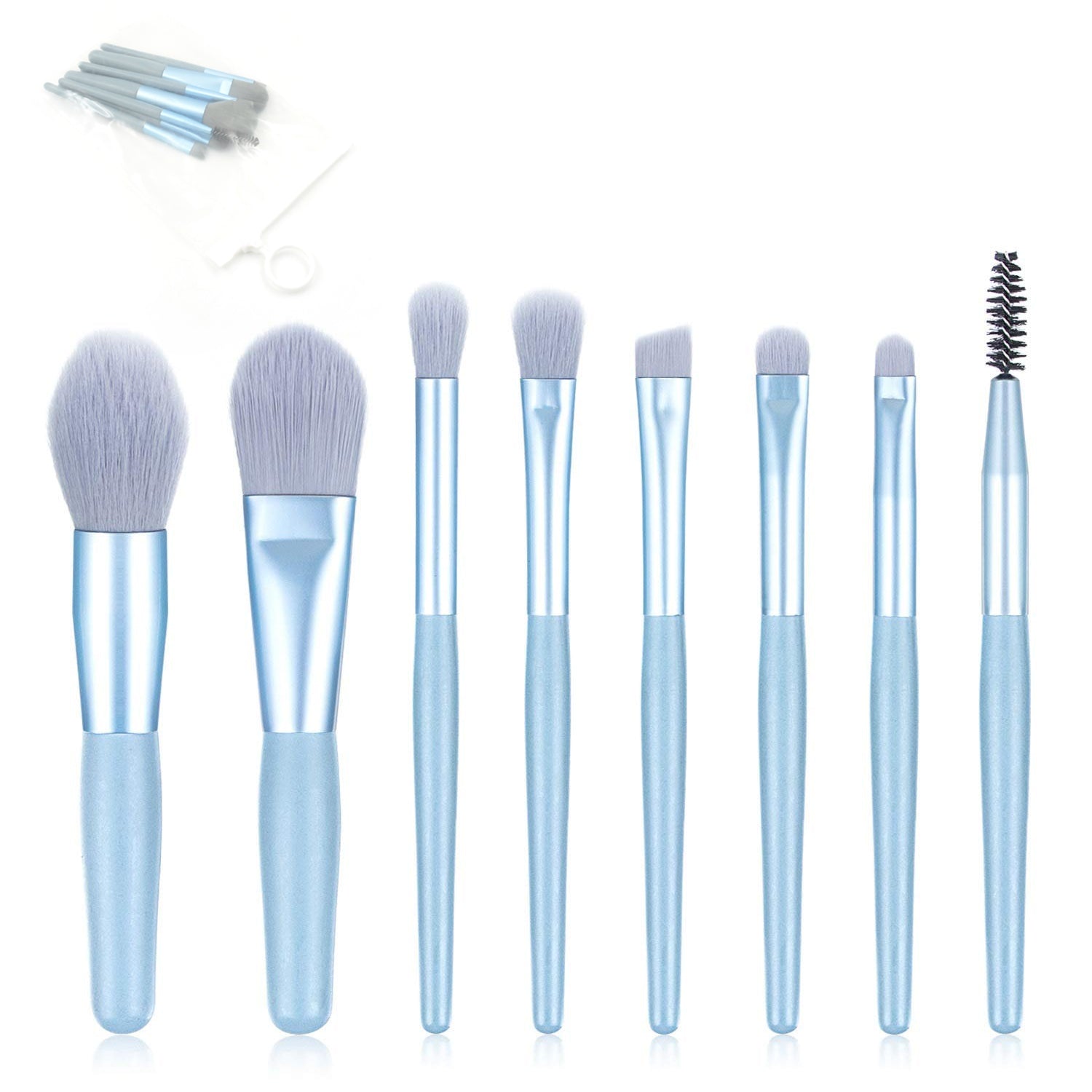 The full 8-piece mini makeup brush set with its compact travel case, ready for use.