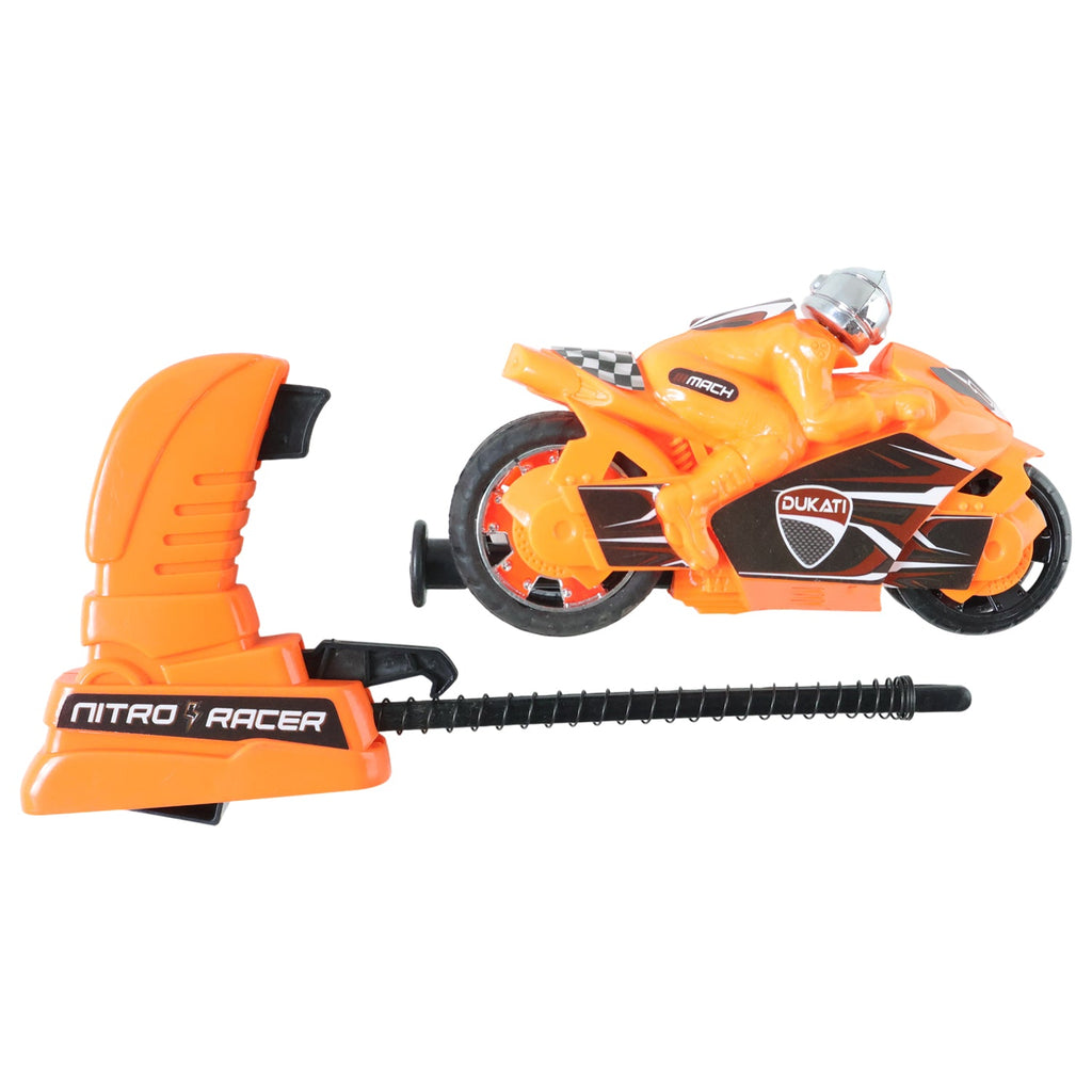 Durable plastic kids' racing bike launcher toy for indoor and outdoor play