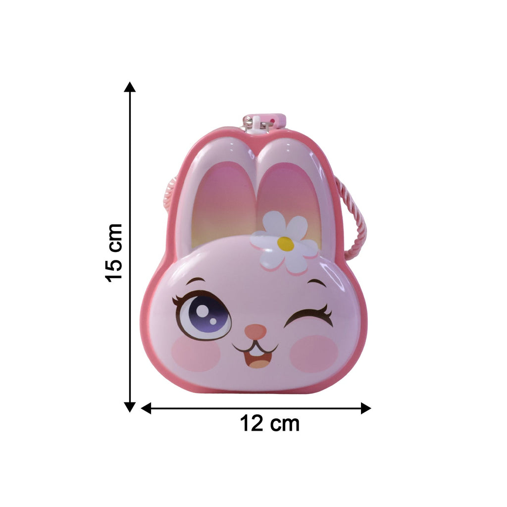 Cute pink bunny-shaped piggy bank with lock and colorful details