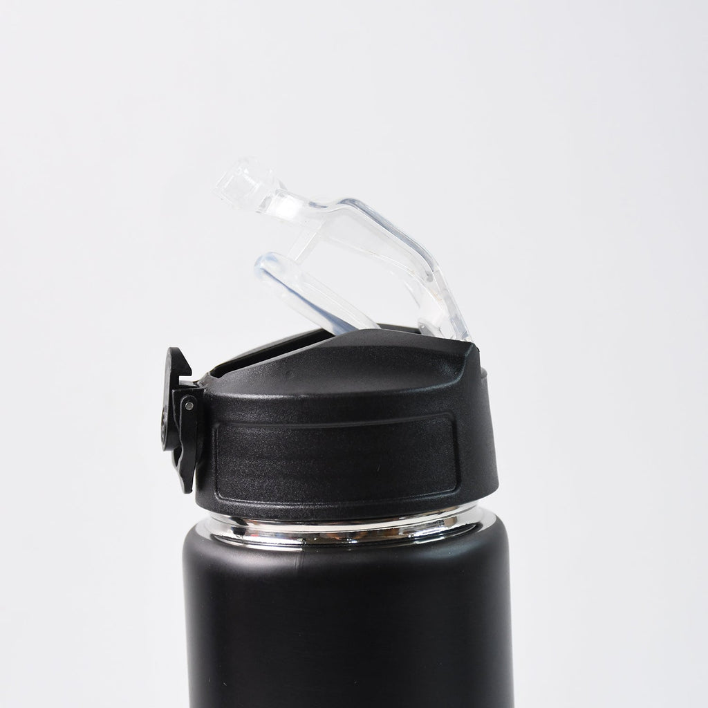 Flip-top lid with silicone straw on stainless steel sports water bottle