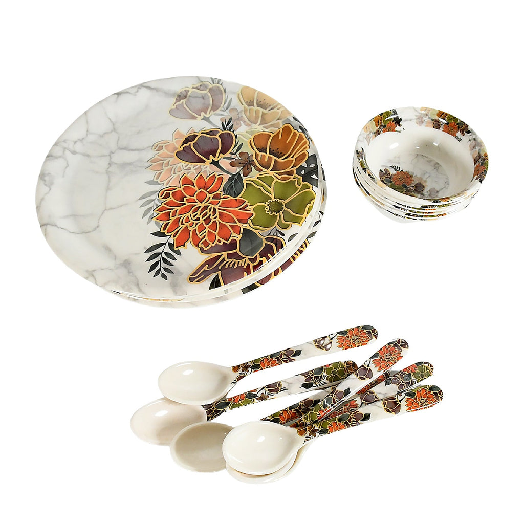 Complete 18-piece plastic dinnerware set beautifully arranged for a family meal.