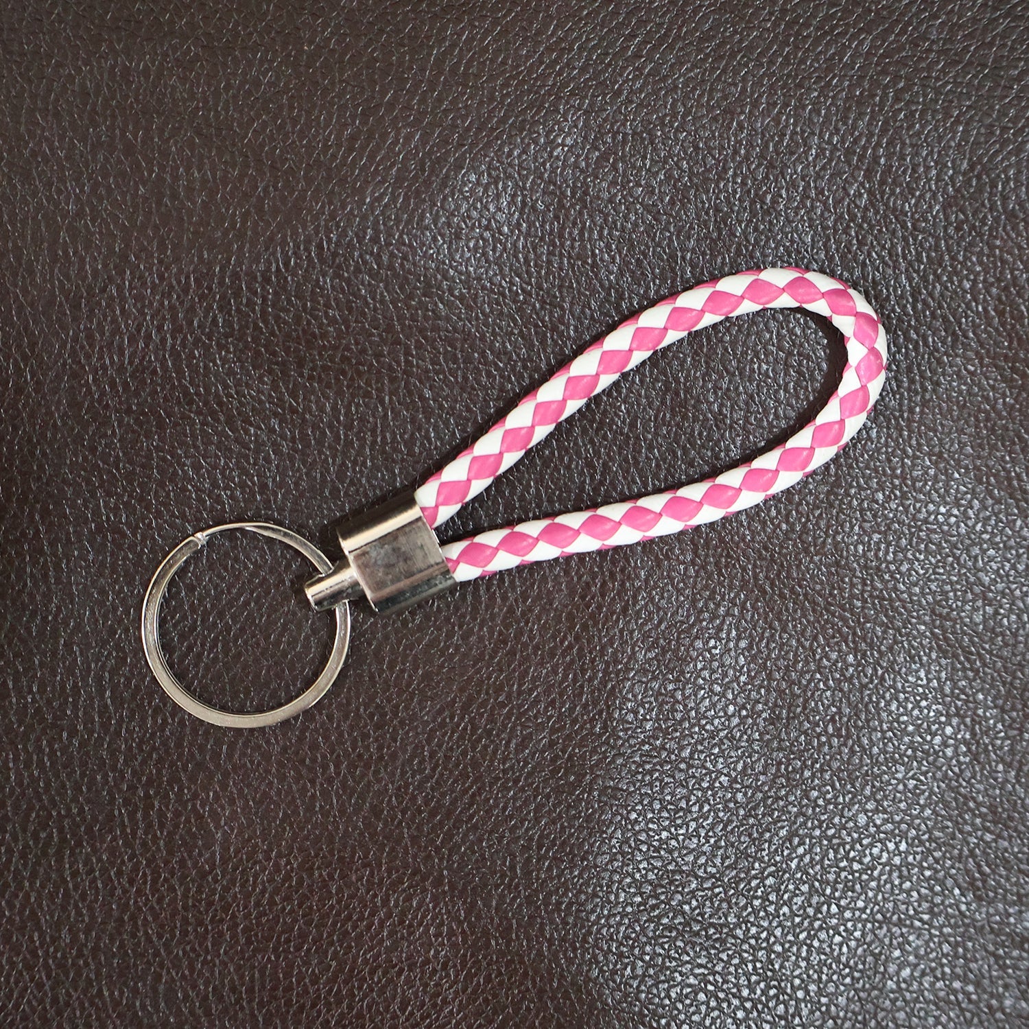 Stylish braided leather style keychain accessory with durable metal ring