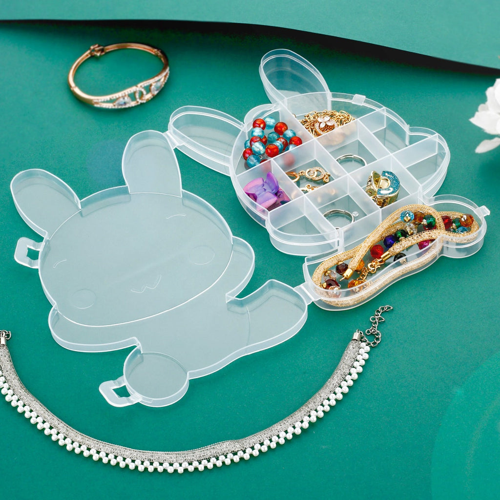 Transparent plastic storage box featuring a cheerful cartoon bear design.