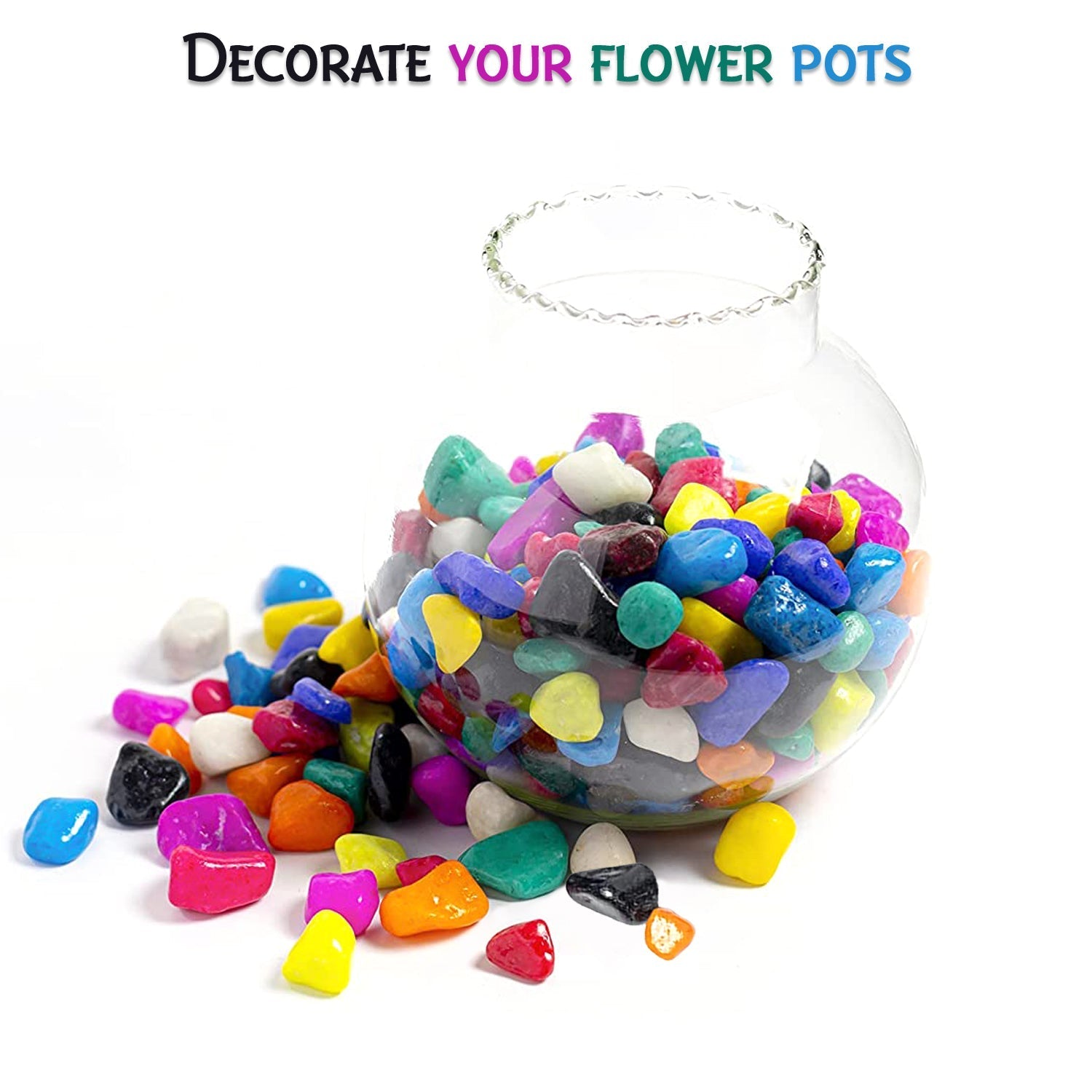 Decorative pebbles arranged neatly in a bowl, showcasing their varied colours.