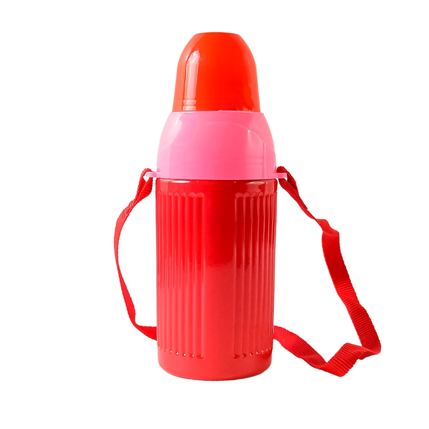 Bright red and pink insulated water bottles for kids.