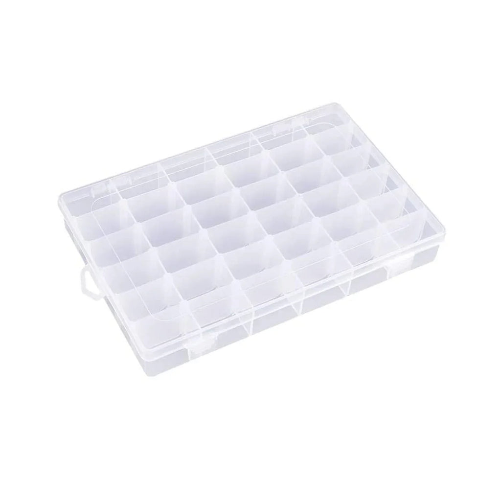 Open plastic organizer box with 36 adjustable grids ready for use.