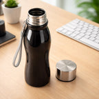 Reusable metal water bottle, showcasing its eco-friendly design.