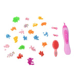 A child happily using the portable hair beader to add beads to her friend's hair.