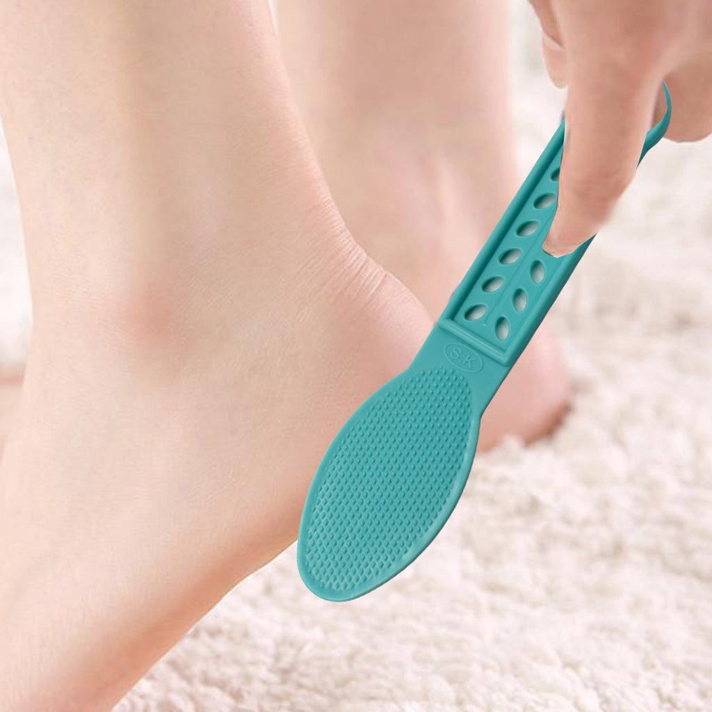 White and blue plastic foot scrubber, a convenient foot care brush for home use.